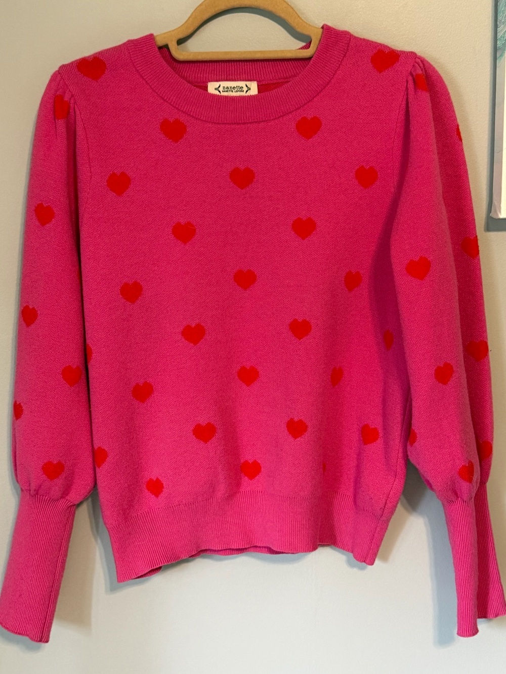 Nanette Lepore Pink Heart Print Puff Sleeve Knit Crewneck Sweater Medium